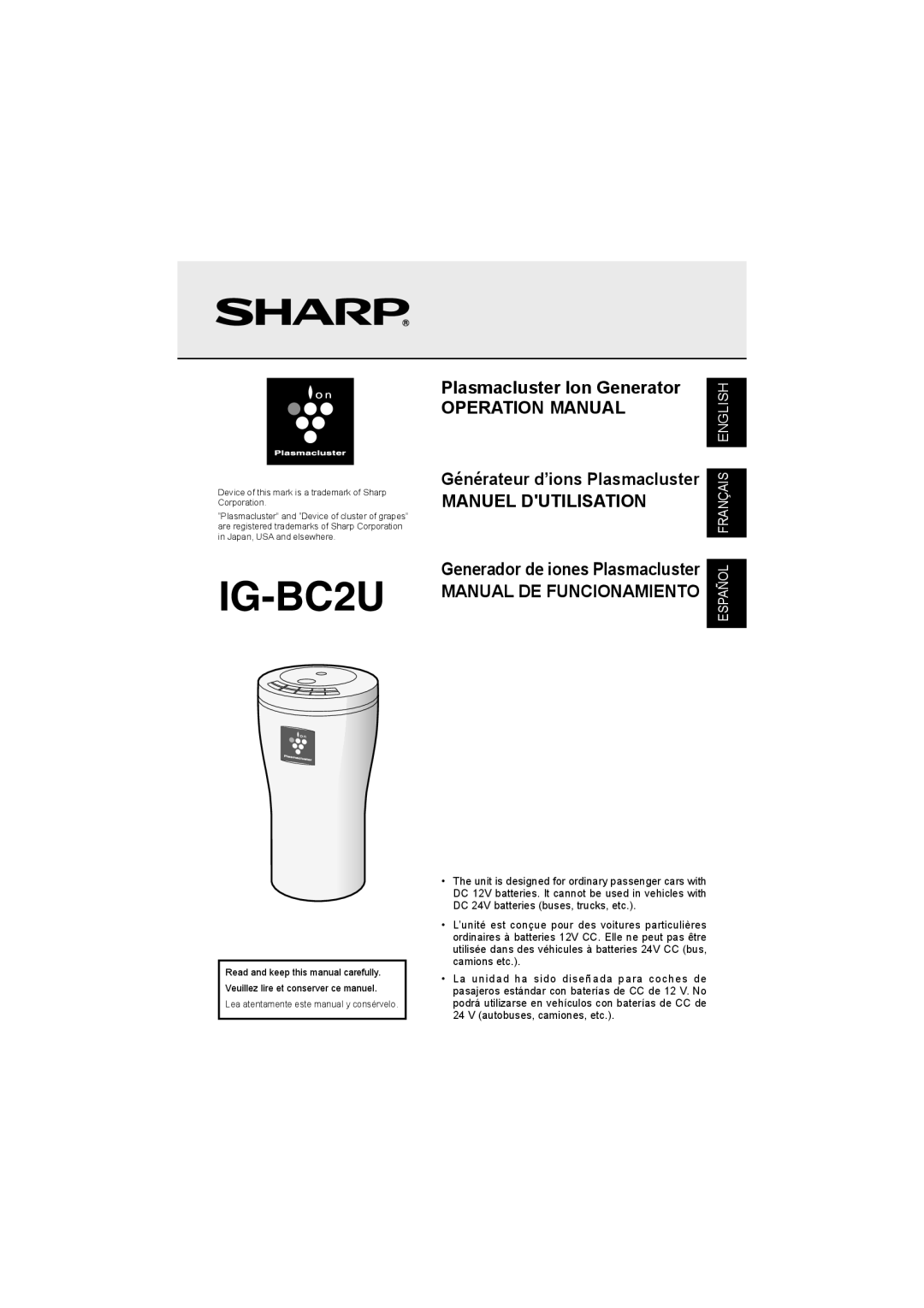 Sharp IG-BC2UB manuel dutilisation Plasmacluster Ion Generator, Manuel Dutilisation, Manual DE Funcionamiento 