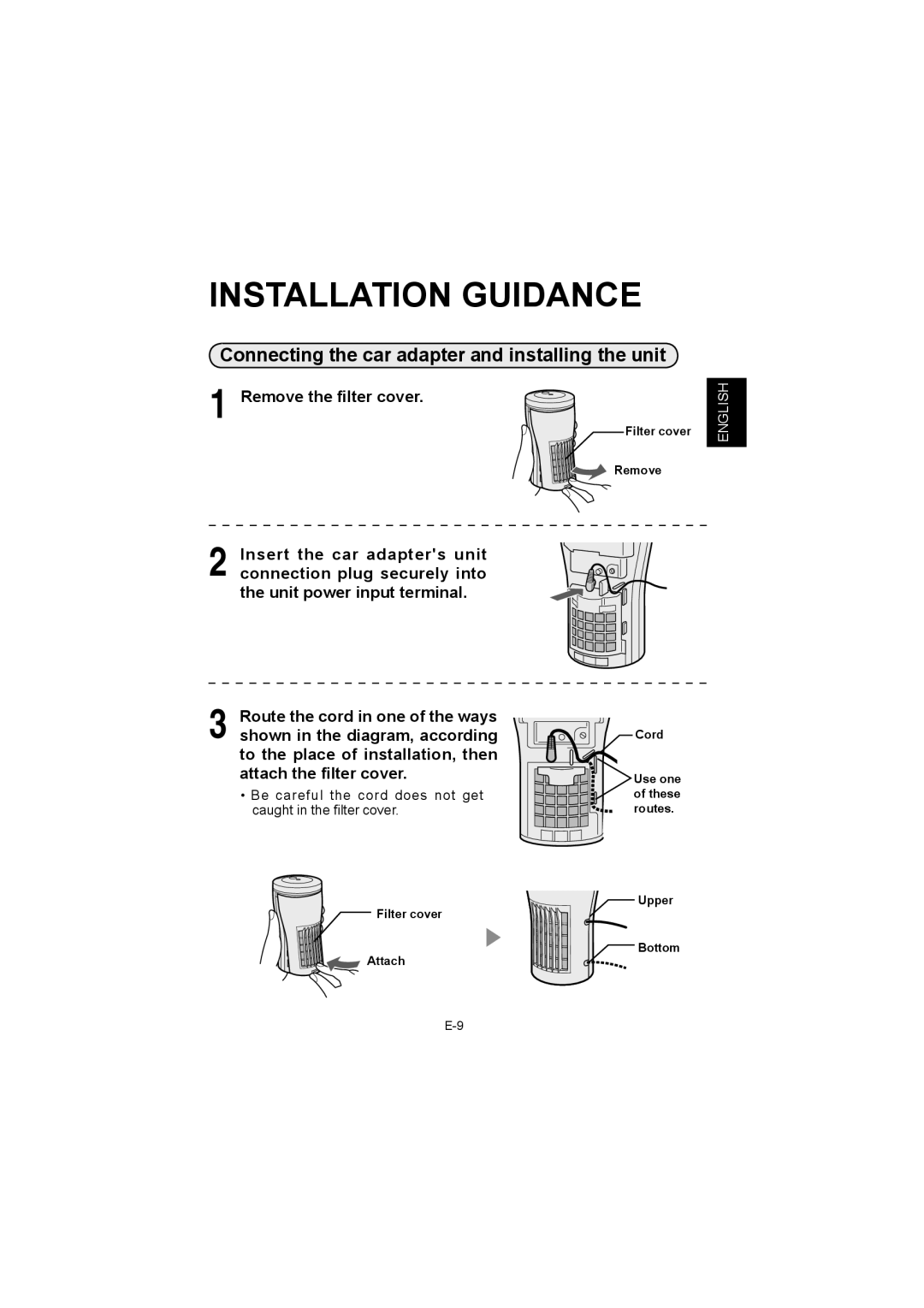 Sharp IG-BC2UB Installation Guidance, Connecting the car adapter and installing the unit, Remove the ﬁlter cover 