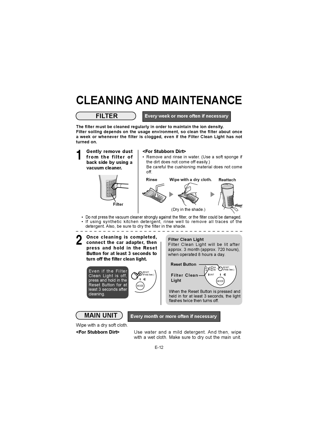 Sharp IG-BC2UB manuel dutilisation Cleaning and Maintenance, Filter, Main Unit, Every week or more often if necessary 