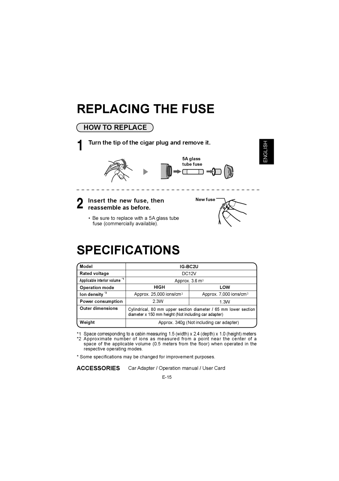 Sharp IG-BC2UB manuel dutilisation Replacing the Fuse, Specifications, HOW to Replace 