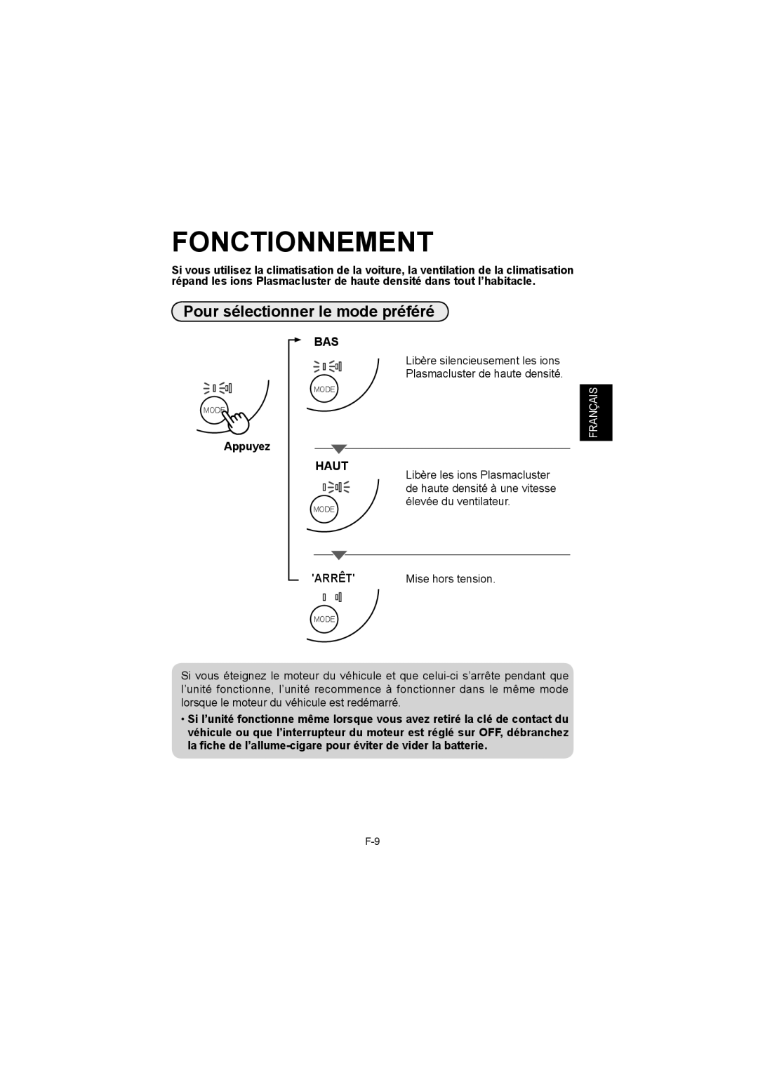 Sharp IG-BC2UB manuel dutilisation Fonctionnement, Pour sélectionner le mode préféré, Appuyez 