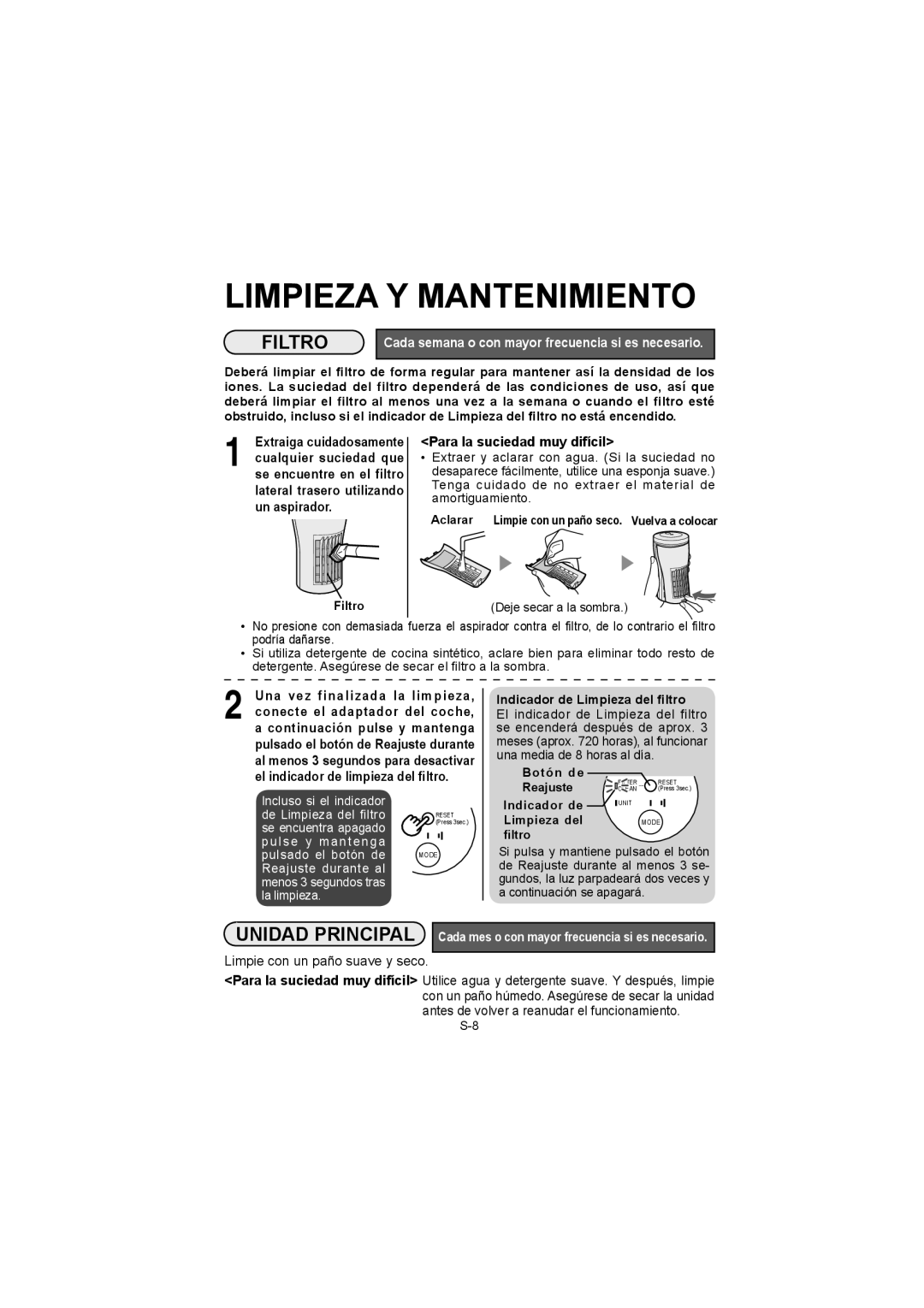 Sharp IG-BC2UB Limpieza Y Mantenimiento, Filtro, Unidad Principal, Cada semana o con mayor frecuencia si es necesario 