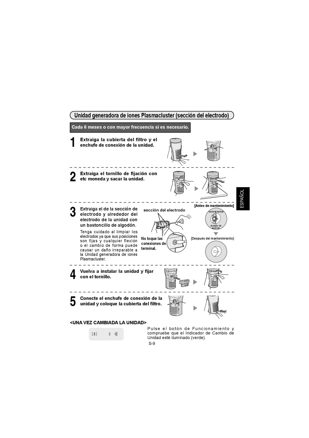 Sharp IG-BC2UB Cada 6 meses o con mayor frecuencia si es necesario, Vuelva a instalar la unidad y ﬁjar con el tornillo 