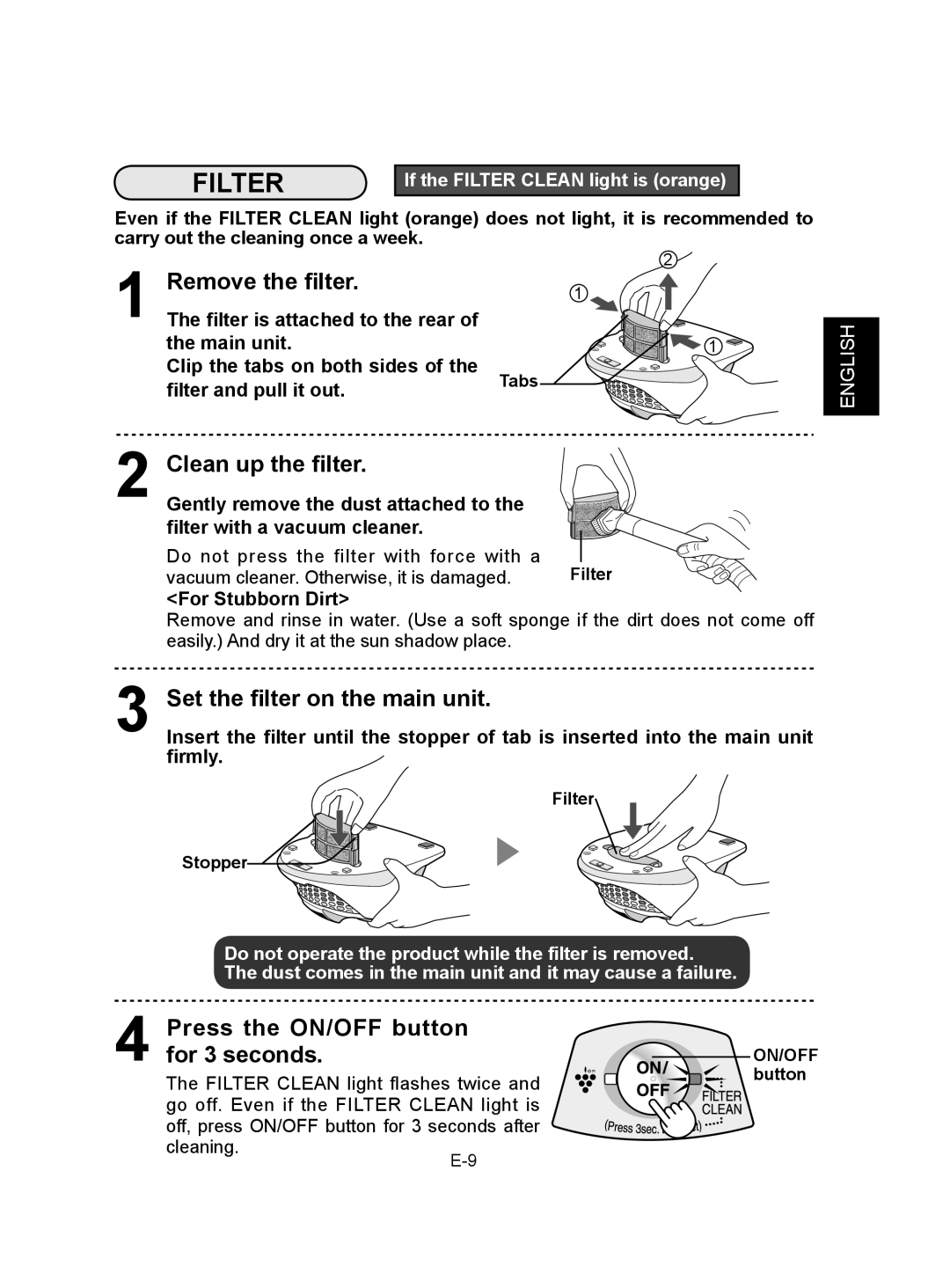 Sharp IG-CH2J operation manual Remove the filter, Clean up the filter, Set the filter on the main unit 