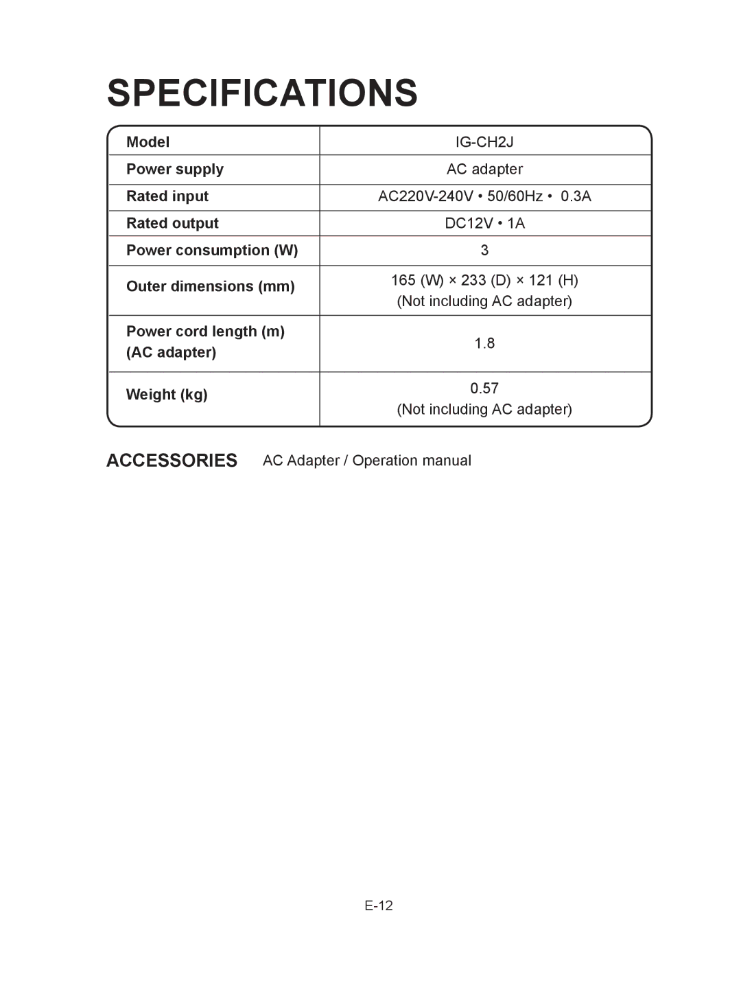 Sharp IG-CH2J operation manual Specifications 