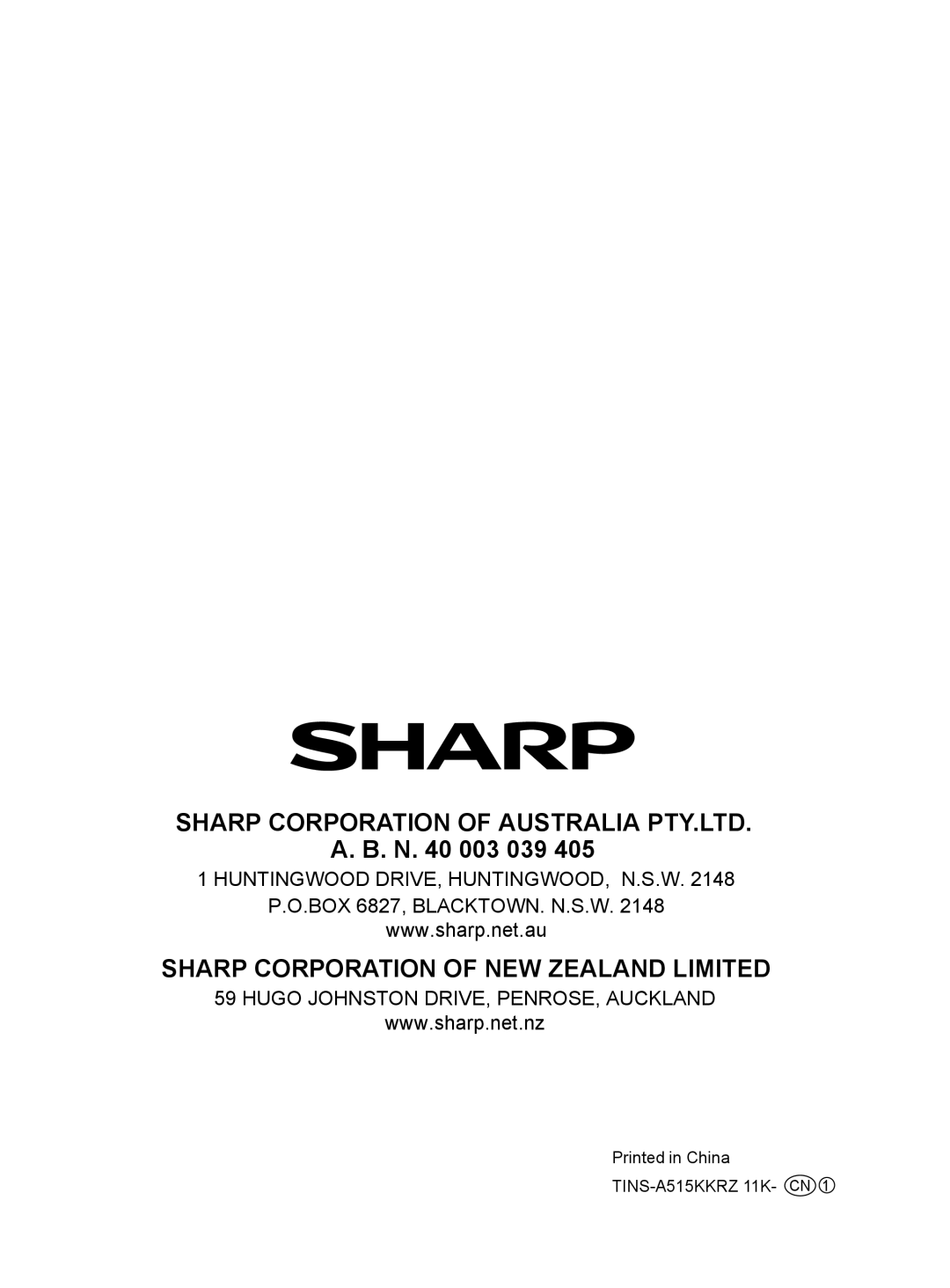 Sharp IG-CH2J A. B. N. 40 003 039, Sharp Corporation Of New Zealand Limited, Huntingwood Drive, Huntingwood, N.S.W 