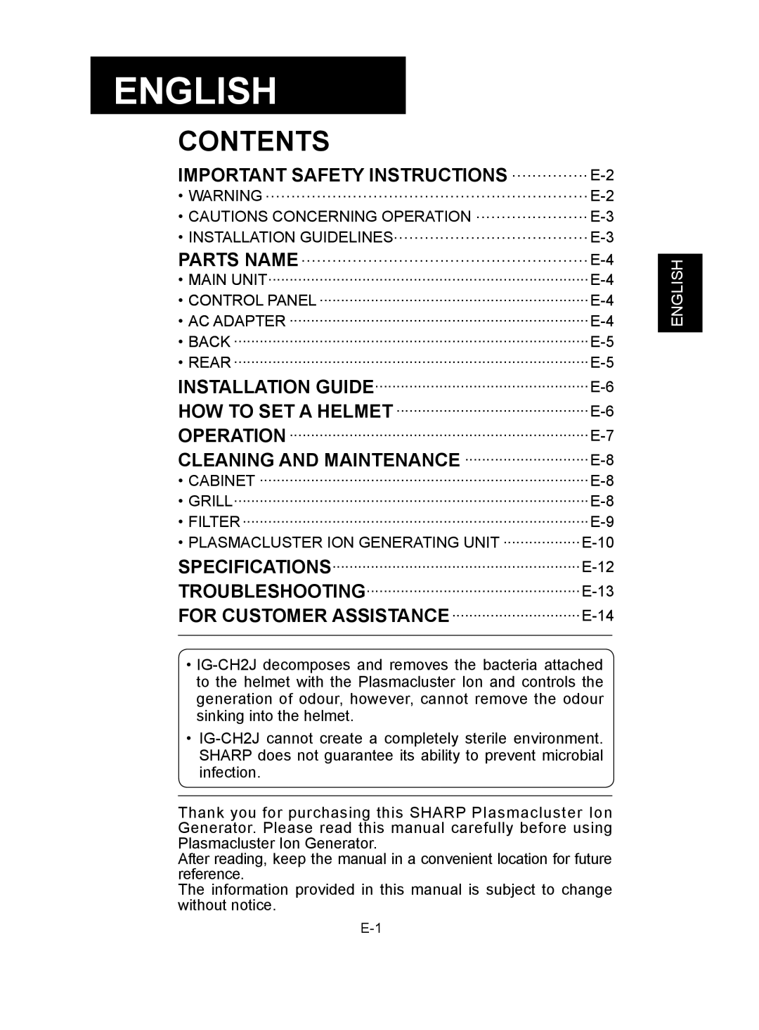 Sharp IG-CH2J operation manual IMPORTANT SAFETY INSTRUCTIONS................E-2, English, Contents 