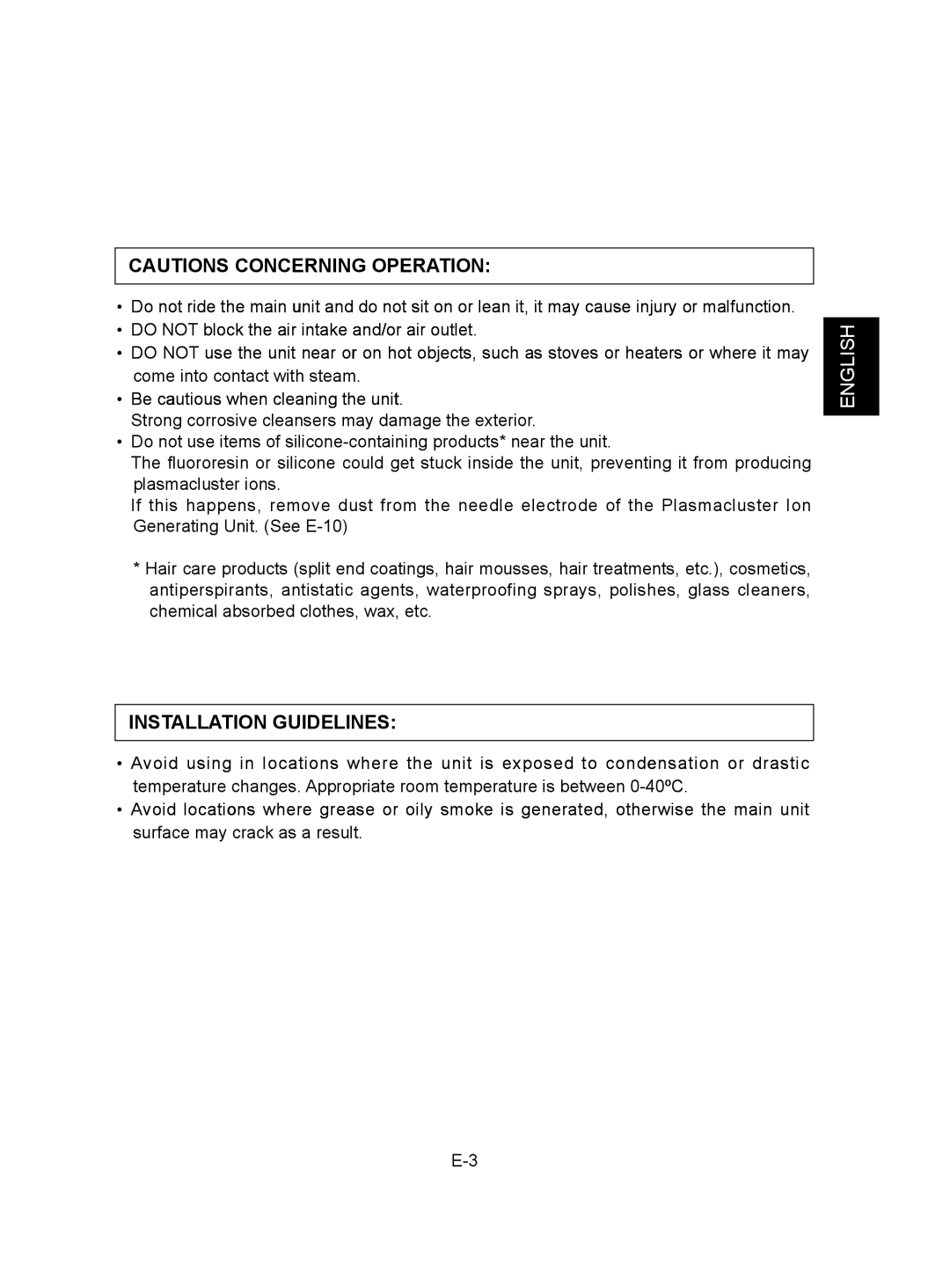 Sharp IG-CH2J operation manual Cautions Concerning Operation, Installation Guidelines, English 