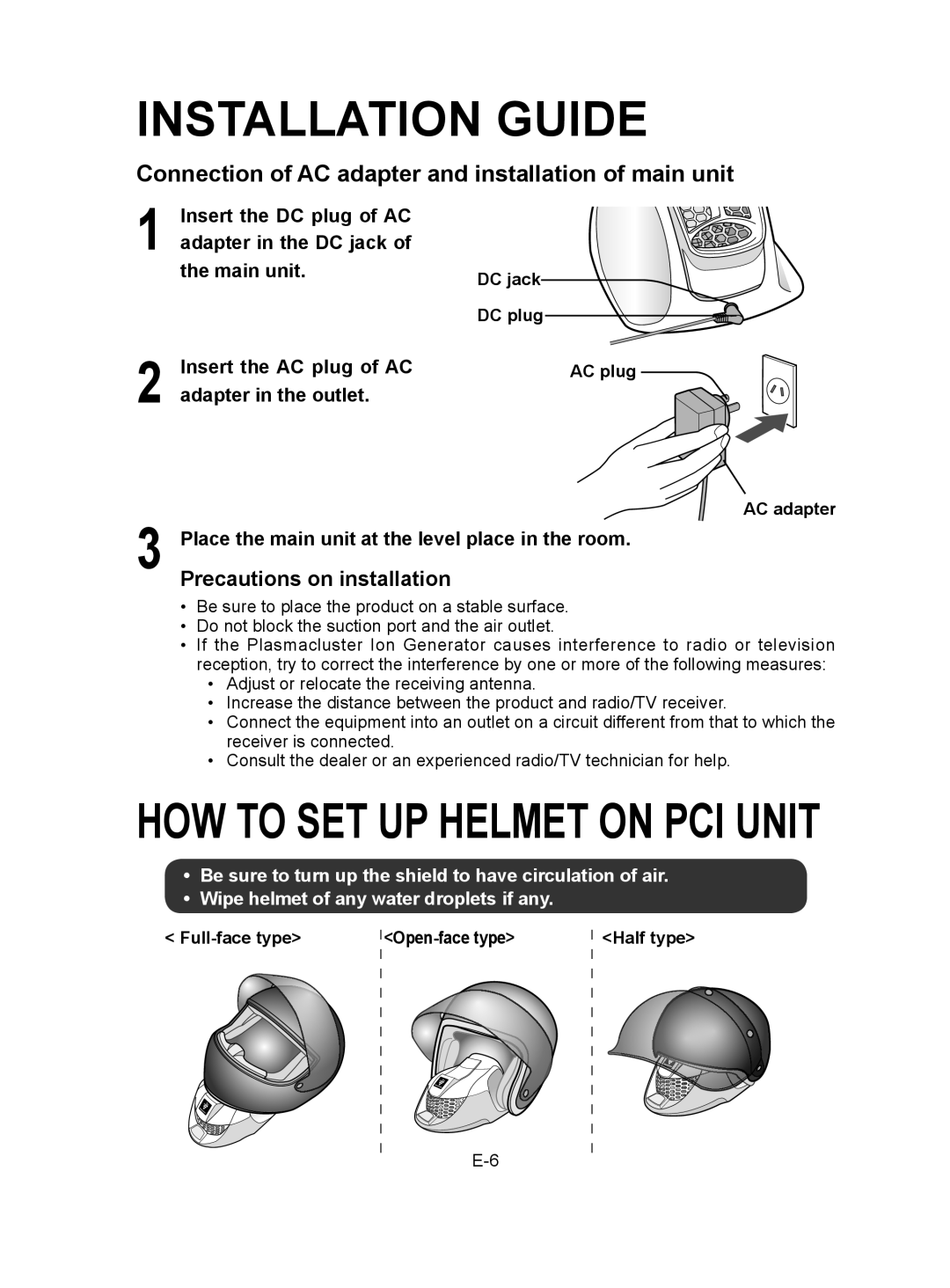 Sharp IG-CH2J Installation Guide, Connection of AC adapter and installation of main unit, How To Set Up Helmet On Pci Unit 