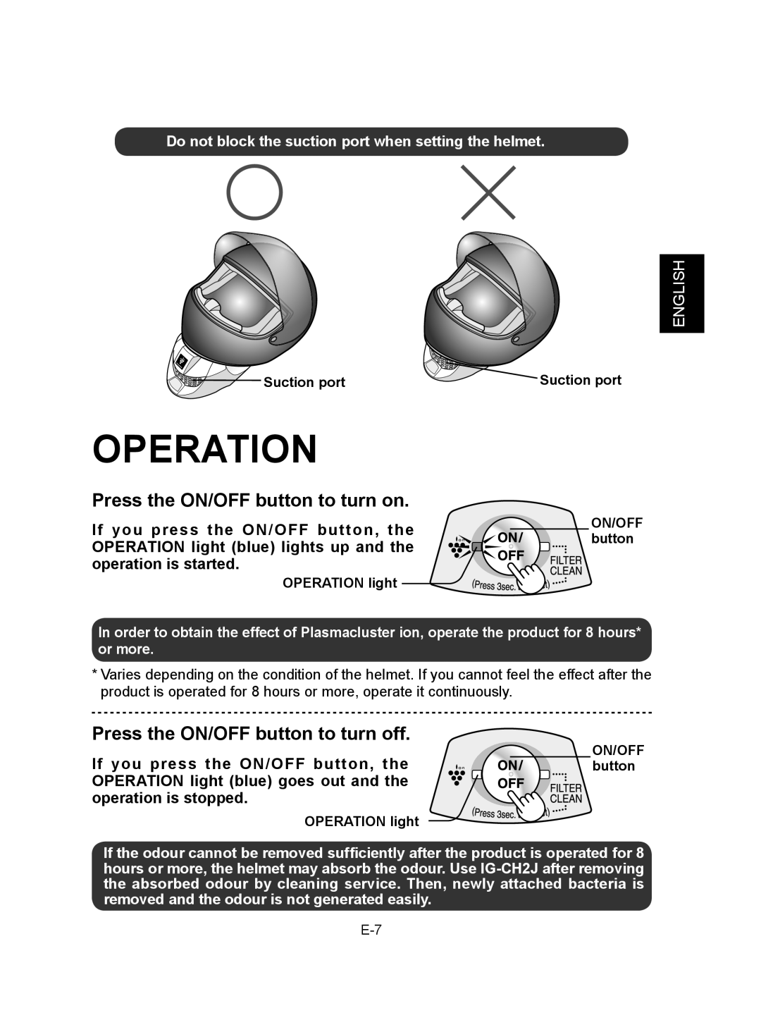 Sharp IG-CH2J operation manual Operation, Press the ON/OFF button to turn on, Press the ON/OFF button to turn off, English 