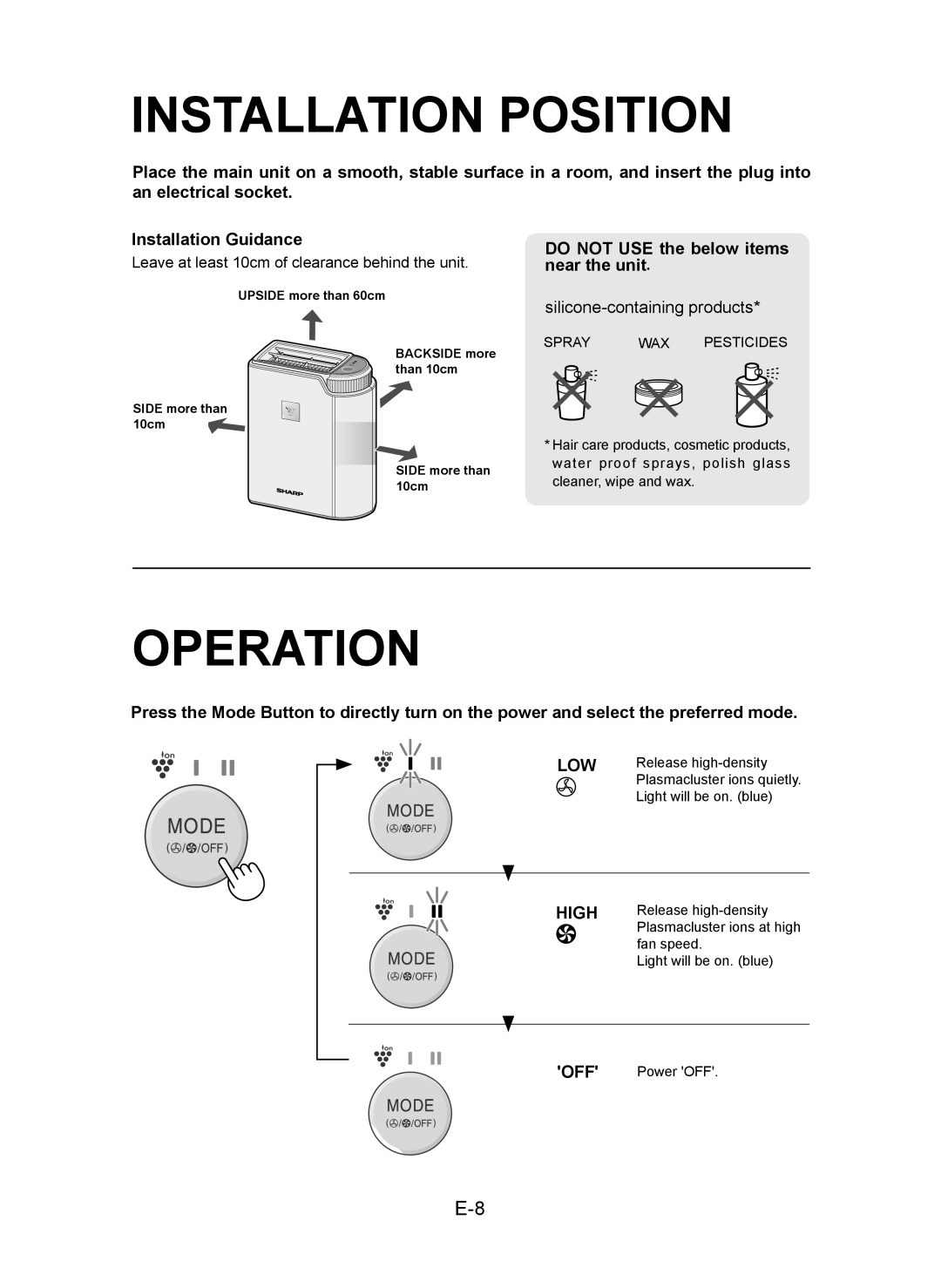 Sharp IG-CL15U operation manual Installation Position, Operation, Do not USE the below items near the unit, Low, High 