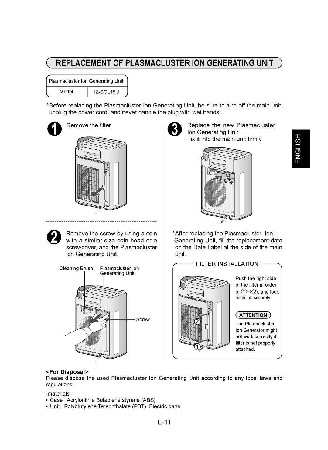 Sharp IG-CL15U operation manual For Disposal, IZ-CCL5U 