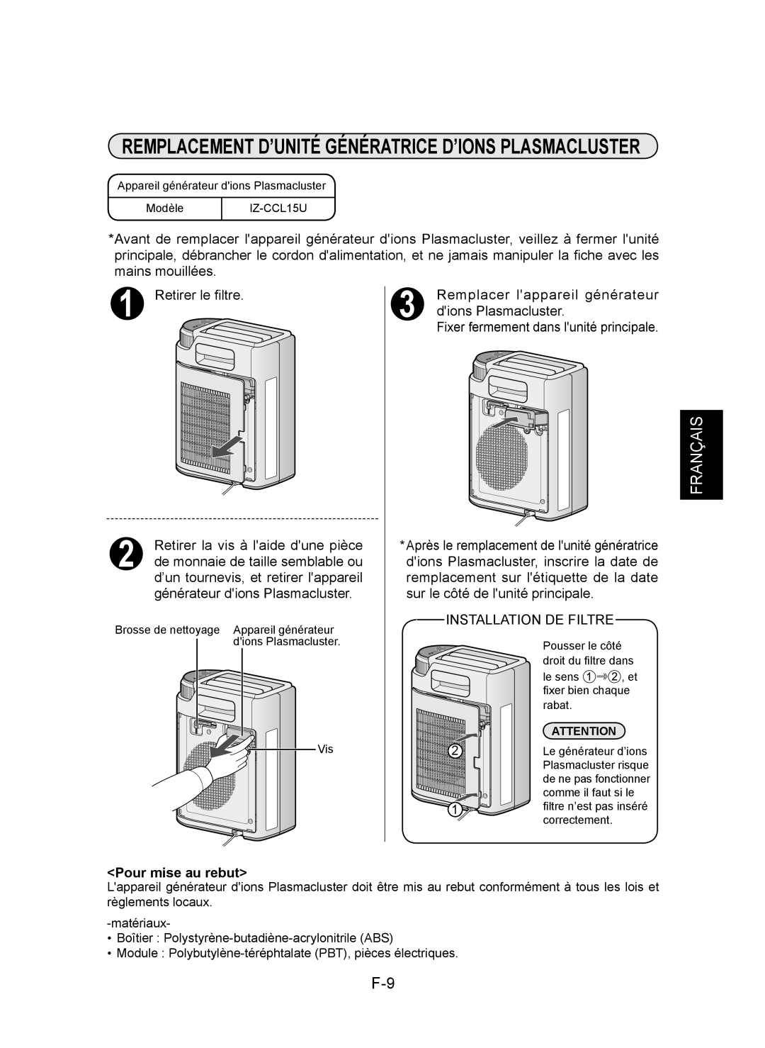 Sharp IG-CL15U operation manual Remplacement D’UNITÉ Génératrice D’IONS Plasmacluster, Pour mise au rebut 