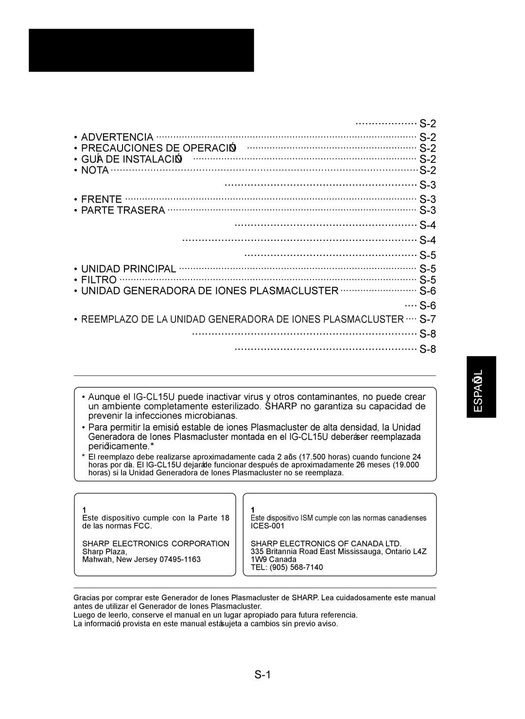 Sharp IG-CL15U operation manual Español, SHARP. ELECTRONICS. Corporation 