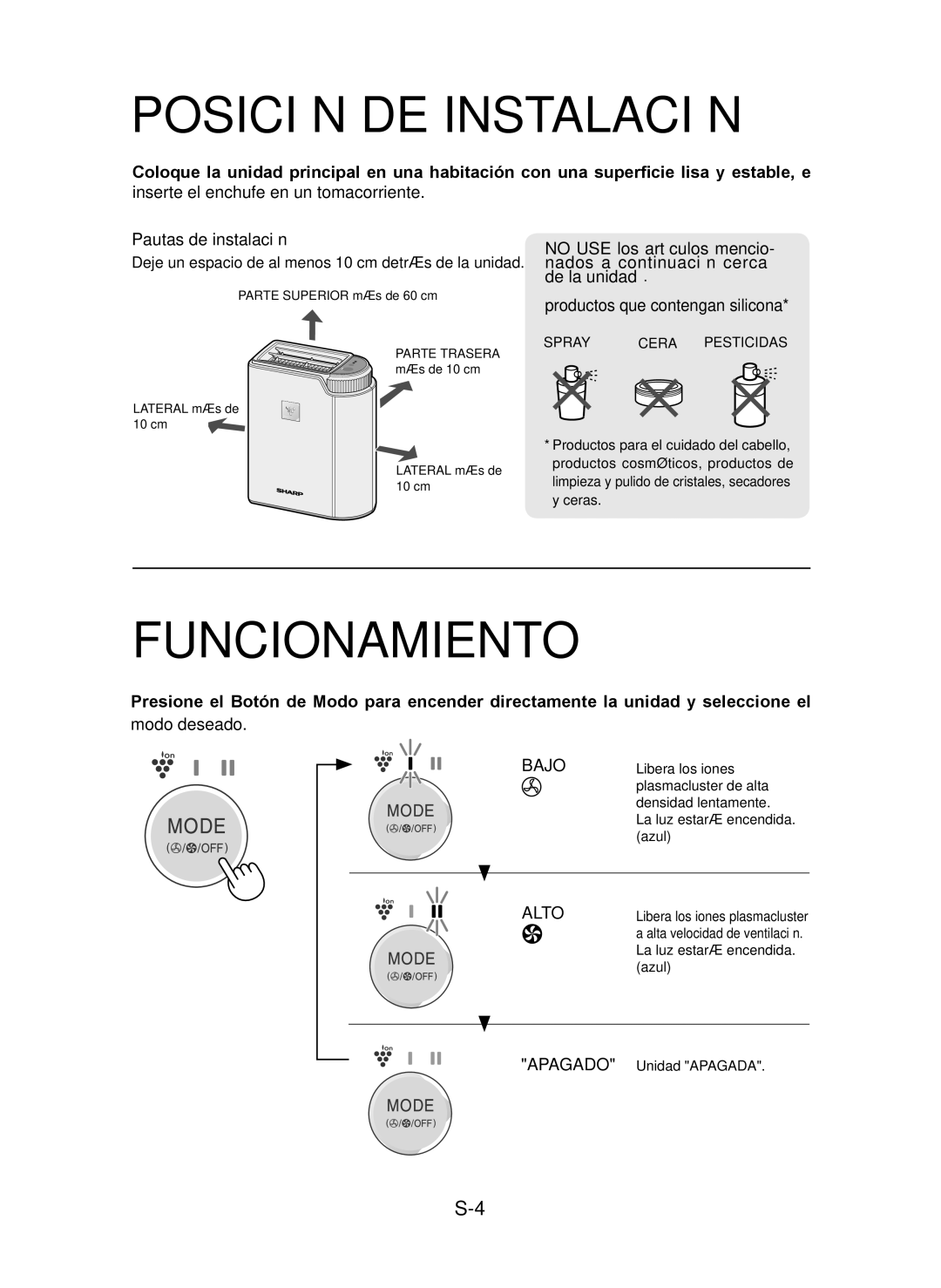 Sharp IG-CL15U operation manual Posición DE Instalación, Funcionamiento, Bajo, Spray Cera Pesticidas 