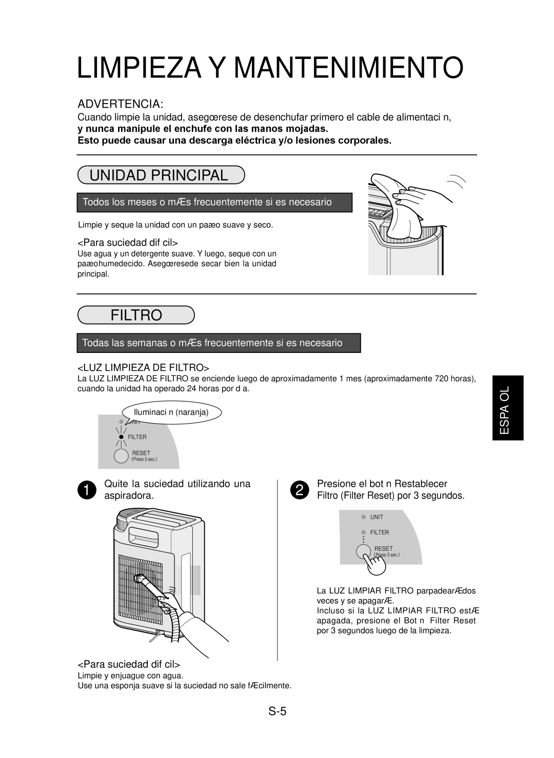 Sharp IG-CL15U operation manual Limpieza Y Mantenimiento, Unidad Principal, LUZ Limpieza DE Filtro 