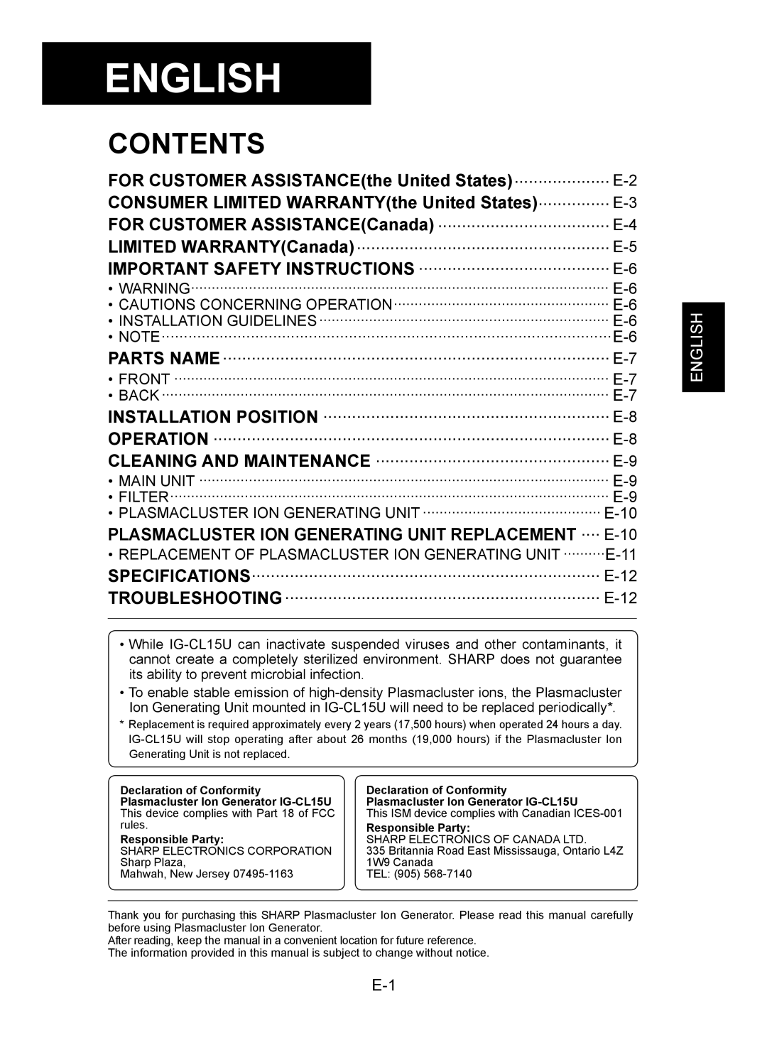 Sharp IG-CL15U operation manual English 