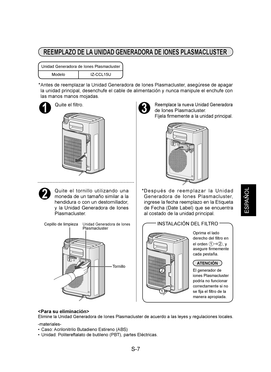 Sharp IG-CL15U operation manual Reemplazo DE LA Unidad Generadora DE Iones Plasmacluster, Para su eliminación 