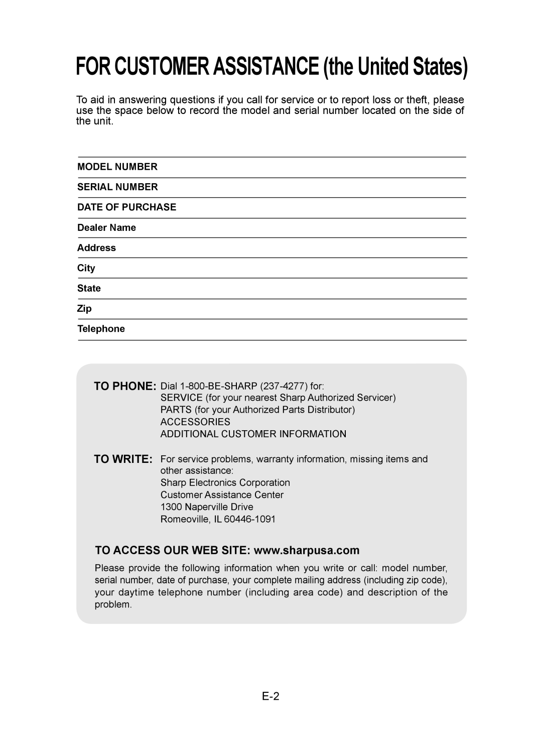 Sharp IG-CL15U operation manual Model Number Serial Number Date of Purchase, Dealer Name Address City State Zip Telephone 