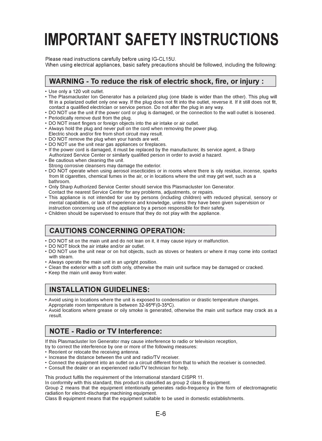 Sharp IG-CL15U operation manual Important Safety Instructions 