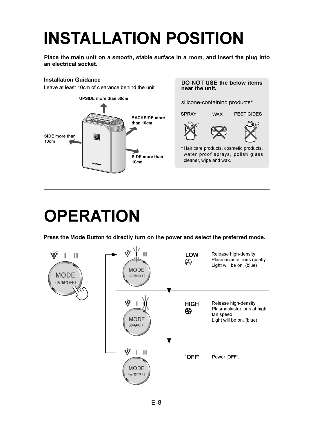 Sharp IG-CL15U operation manual Installation Position, Operation 