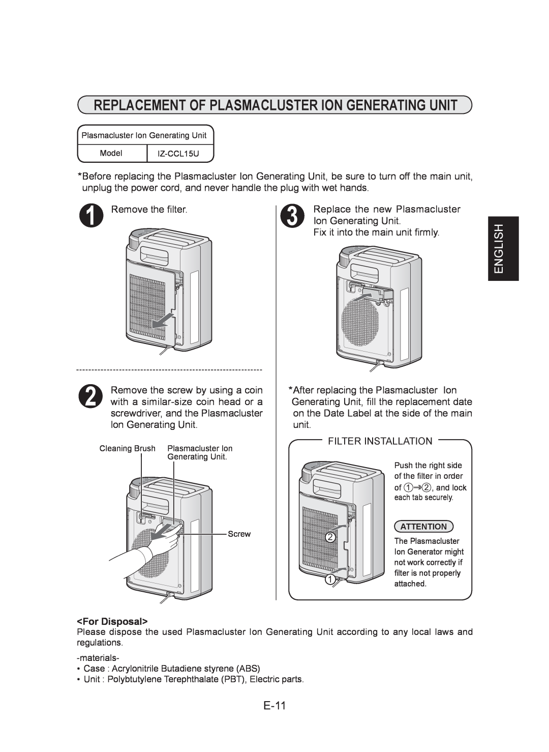 Sharp IG-CL15U operation manual Replacement Of Plasmacluster Ion Generating Unit, English, E- 