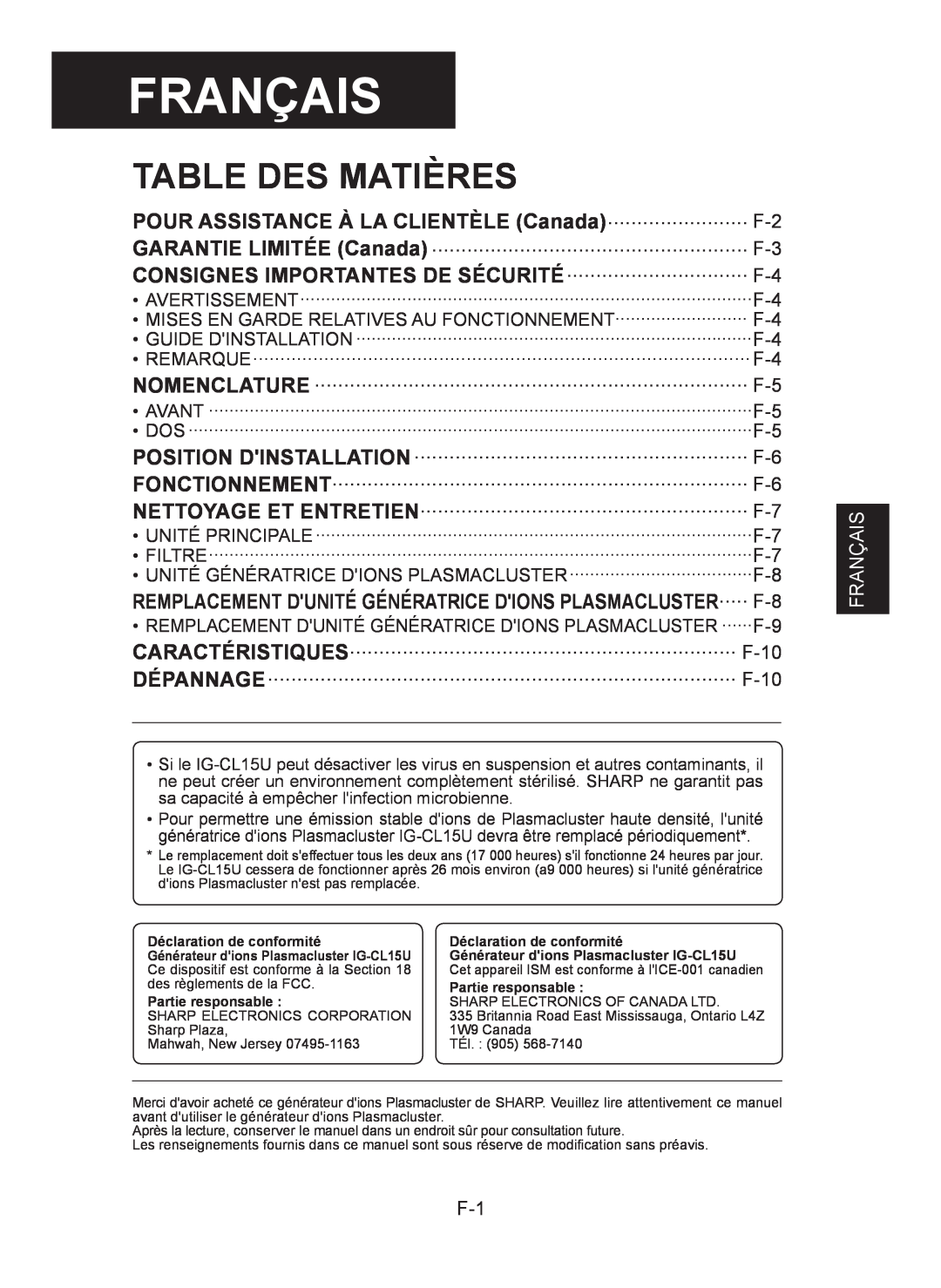 Sharp IG-CL15U operation manual Français, Table Des Matières 