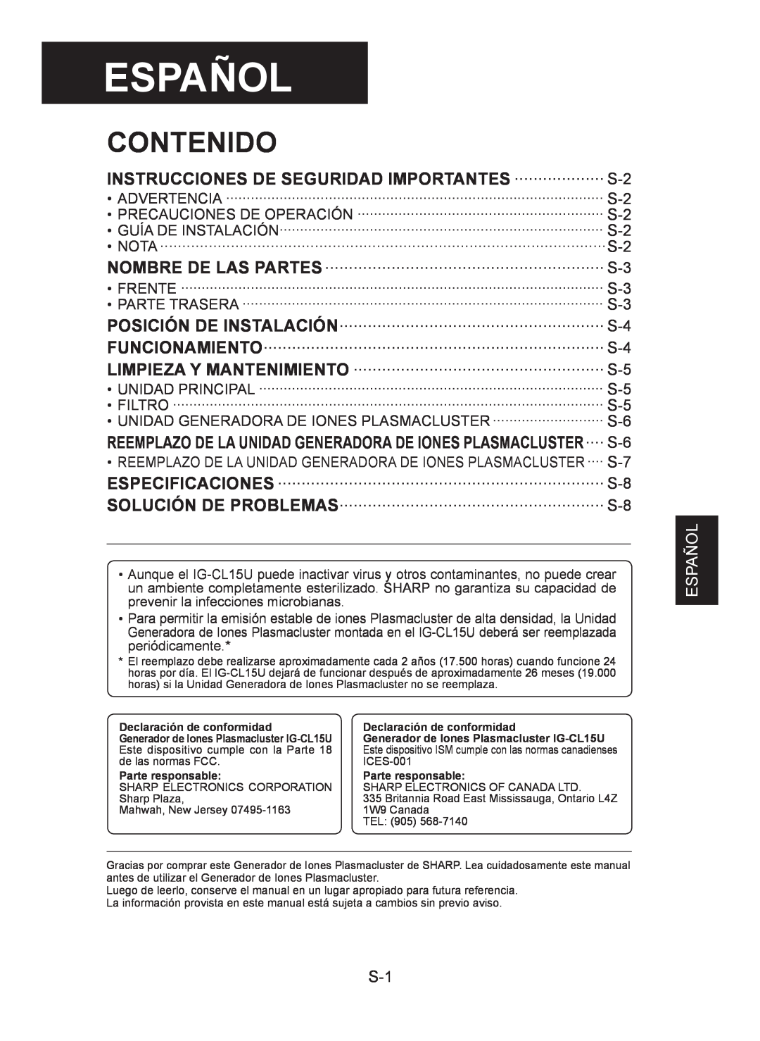 Sharp IG-CL15U operation manual Español, Contenido 