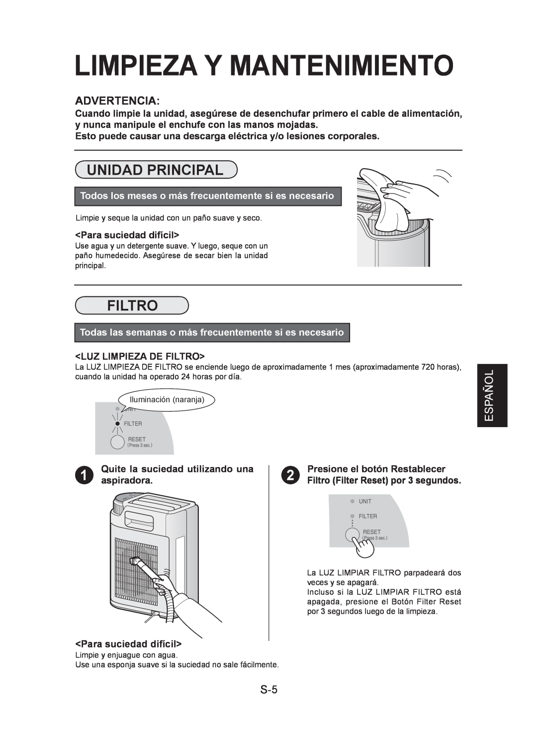 Sharp IG-CL15U operation manual Limpieza Y Mantenimiento, Unidad Principal, Filtro, Advertencia, Español 