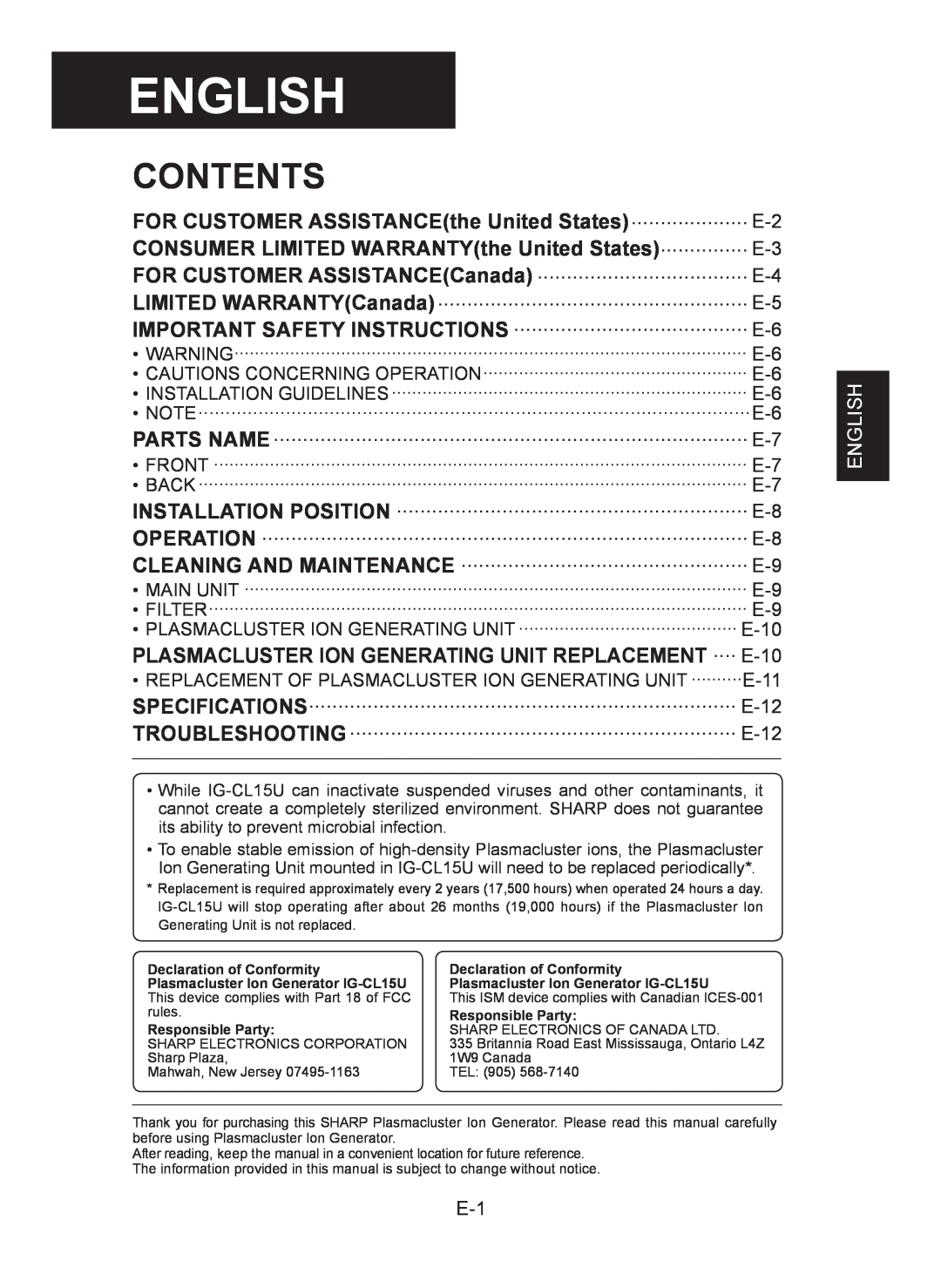 Sharp IG-CL15U operation manual English, Contents 