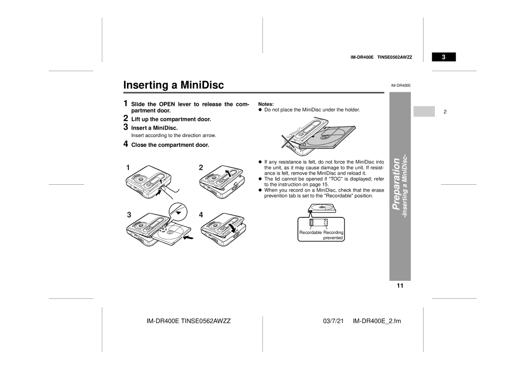 Sharp IM-DR400E operation manual Inserting a MiniDisc, Close the compartment door 