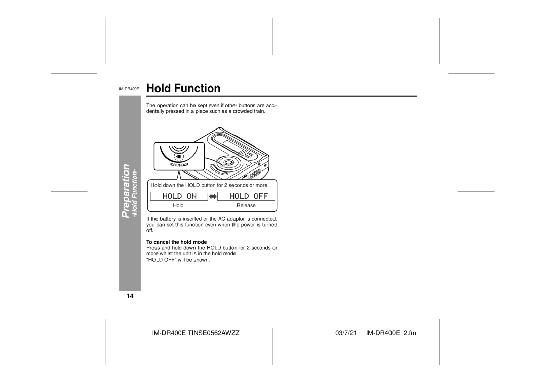 Sharp operation manual IM-DR400EHold Function, Preparation -Hold Function, To cancel the hold mode 