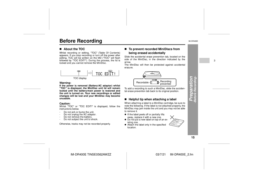 Sharp IM-DR400E operation manual Before Recording, About the TOC, Helpful tip when attaching a label 