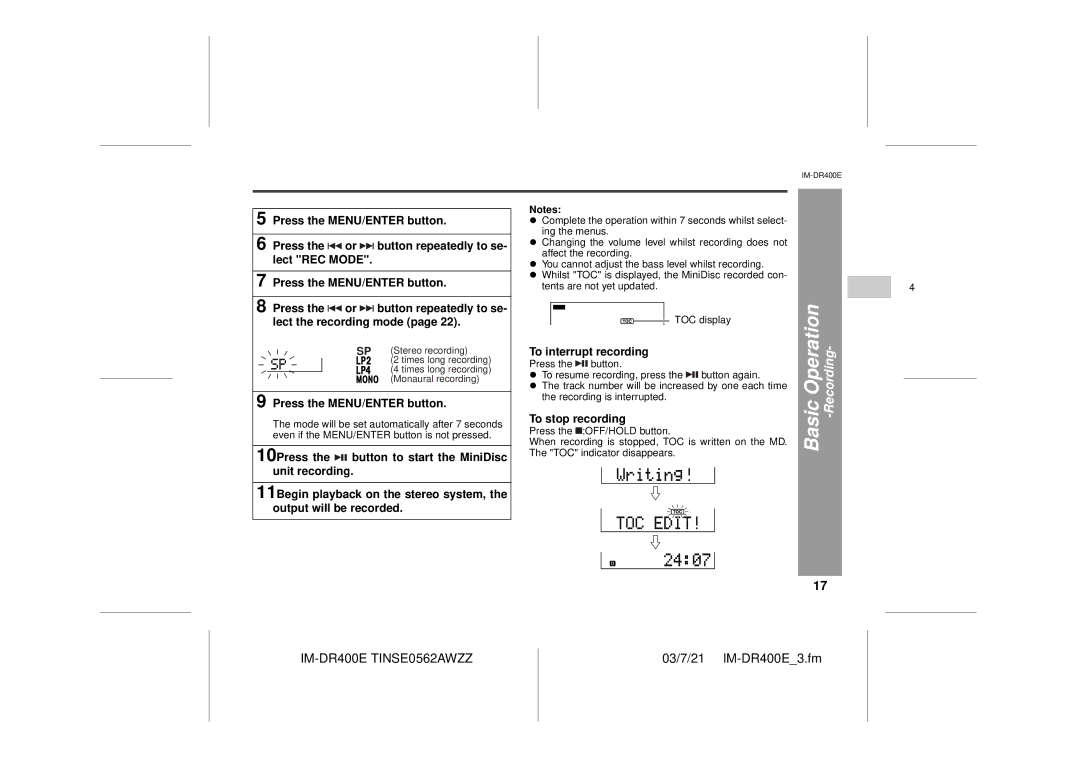 Sharp IM-DR400E operation manual Press the MENU/ENTER button, To interrupt recording, To stop recording 