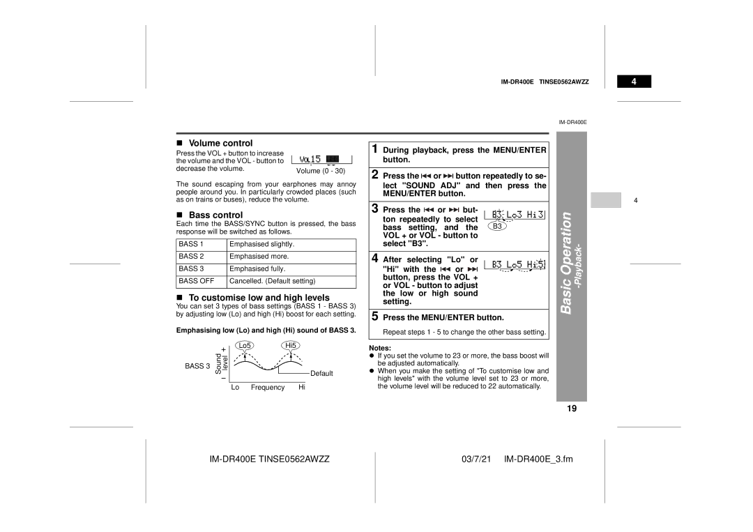 Sharp IM-DR400E operation manual Volume control, Bass control, To customise low and high levels, Basic Operation -Playback 