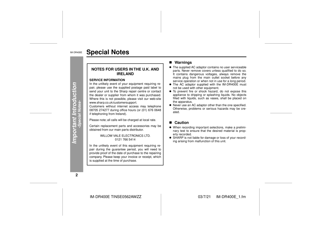 Sharp IM-DR400E operation manual Special Notes 