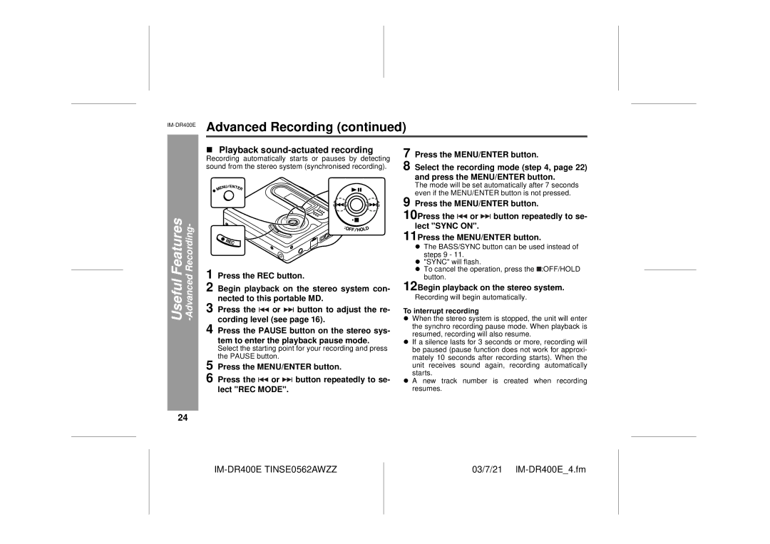 Sharp IM-DR400E operation manual Playback sound-actuated recording, Lect REC Mode, 12Begin playback on the stereo system 