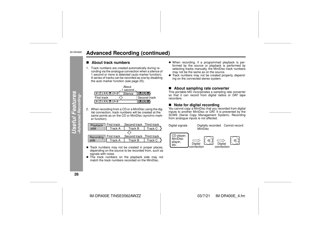 Sharp IM-DR400E operation manual Recording, About track numbers, About sampling rate converter, Useful -Advanced 