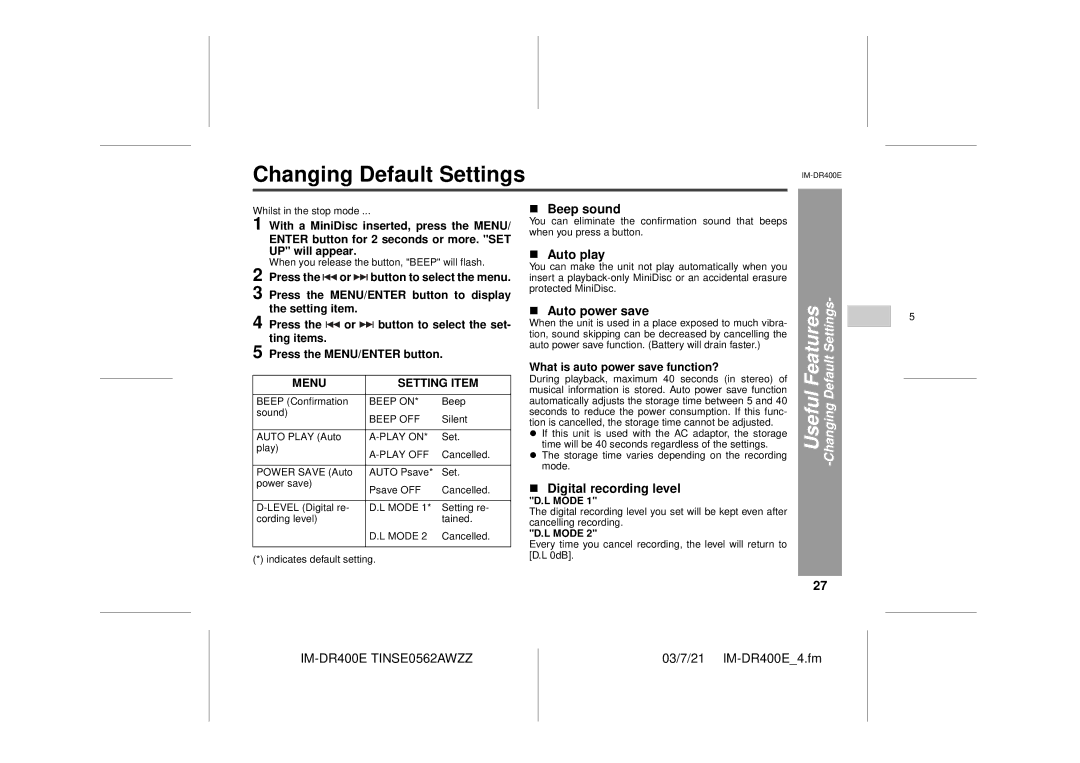 Sharp IM-DR400E operation manual Useful Features -Changing Default Settings 