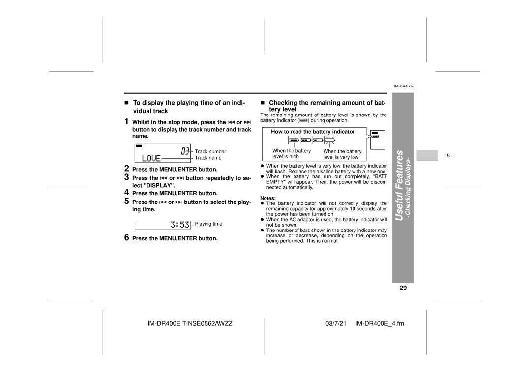 Sharp IM-DR400E To display the playing time of an indi- vidual track, Checking the remaining amount of bat Tery level 