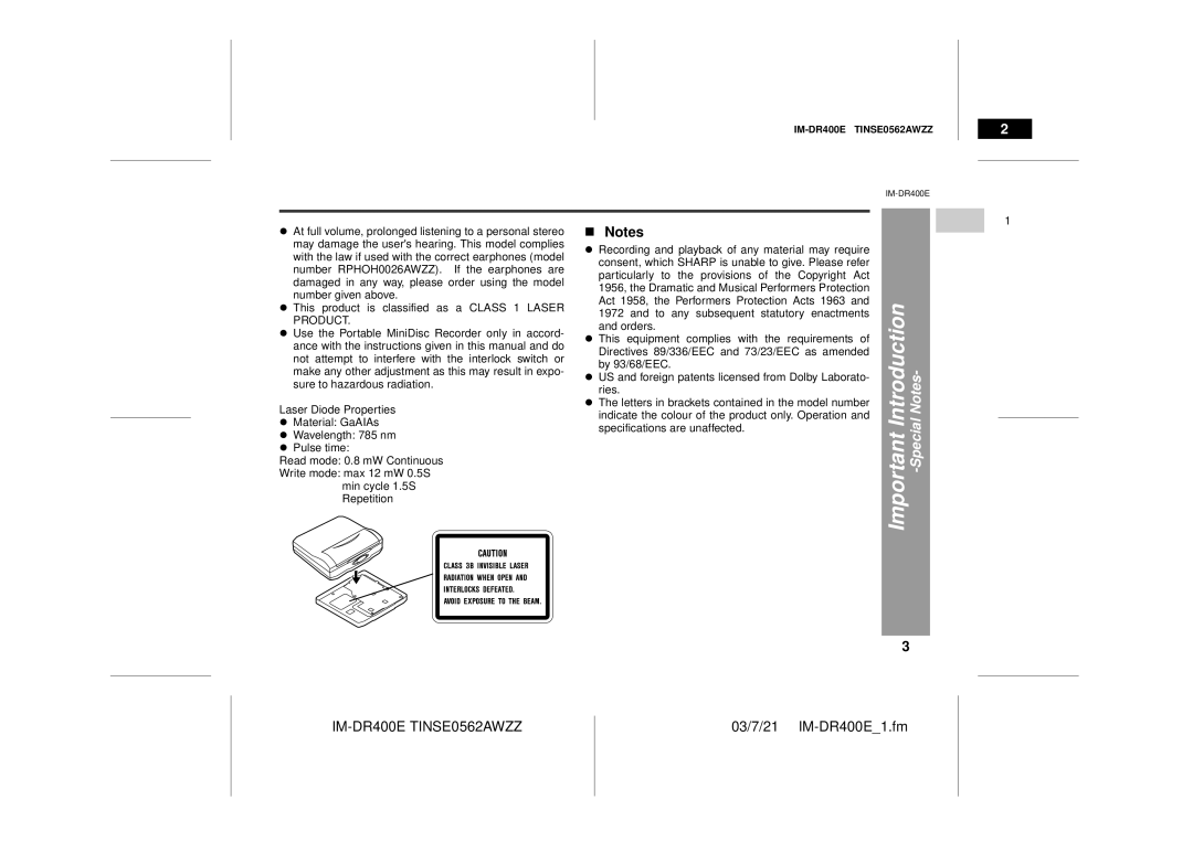 Sharp IM-DR400E operation manual Important Introduction 