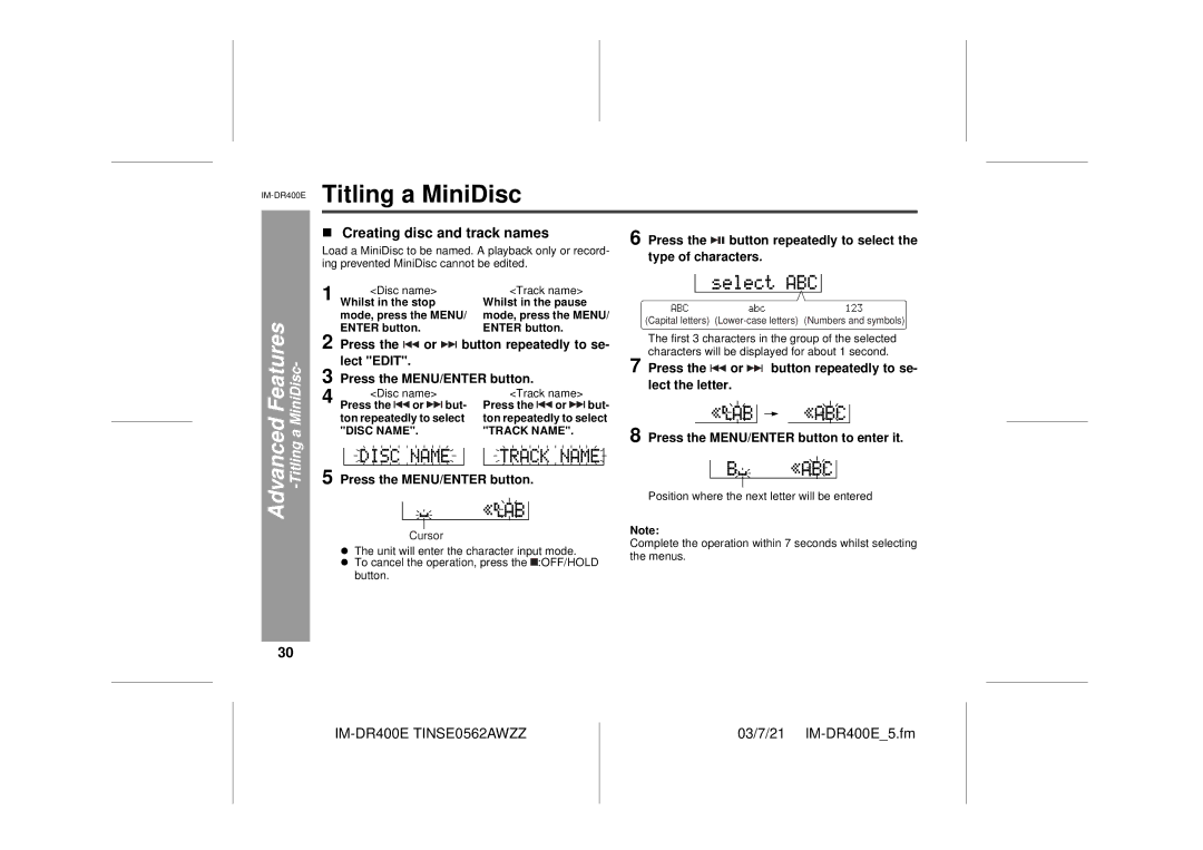 Sharp IM-DR400E operation manual Titling a MiniDisc, Creating disc and track names, Enter button 