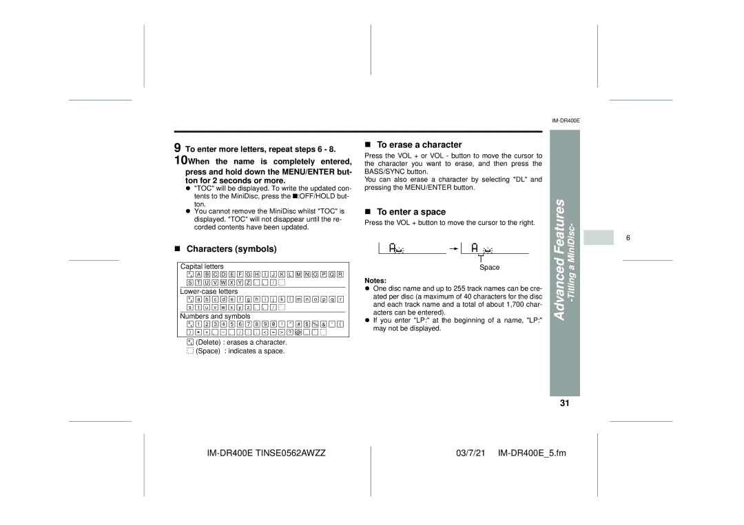 Sharp IM-DR400E operation manual Characters symbols, To erase a character, To enter a space 