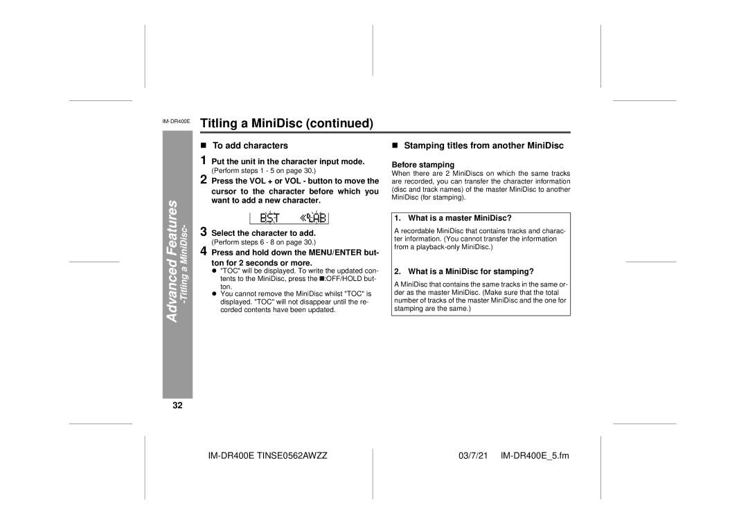 Sharp IM-DR400E To add characters, Stamping titles from another MiniDisc, Before stamping, What is a master MiniDisc? 