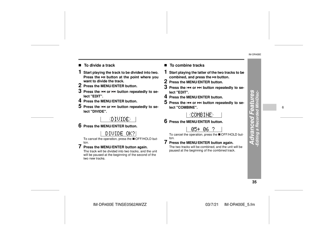 Sharp IM-DR400E operation manual To divide a track, To combine tracks, Start playing the track to be divided into two 