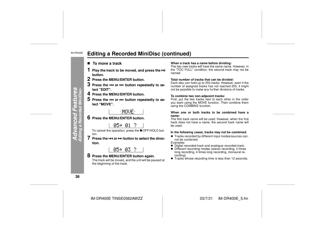 Sharp IM-DR400E operation manual To move a track, Play the track to be moved, and press 