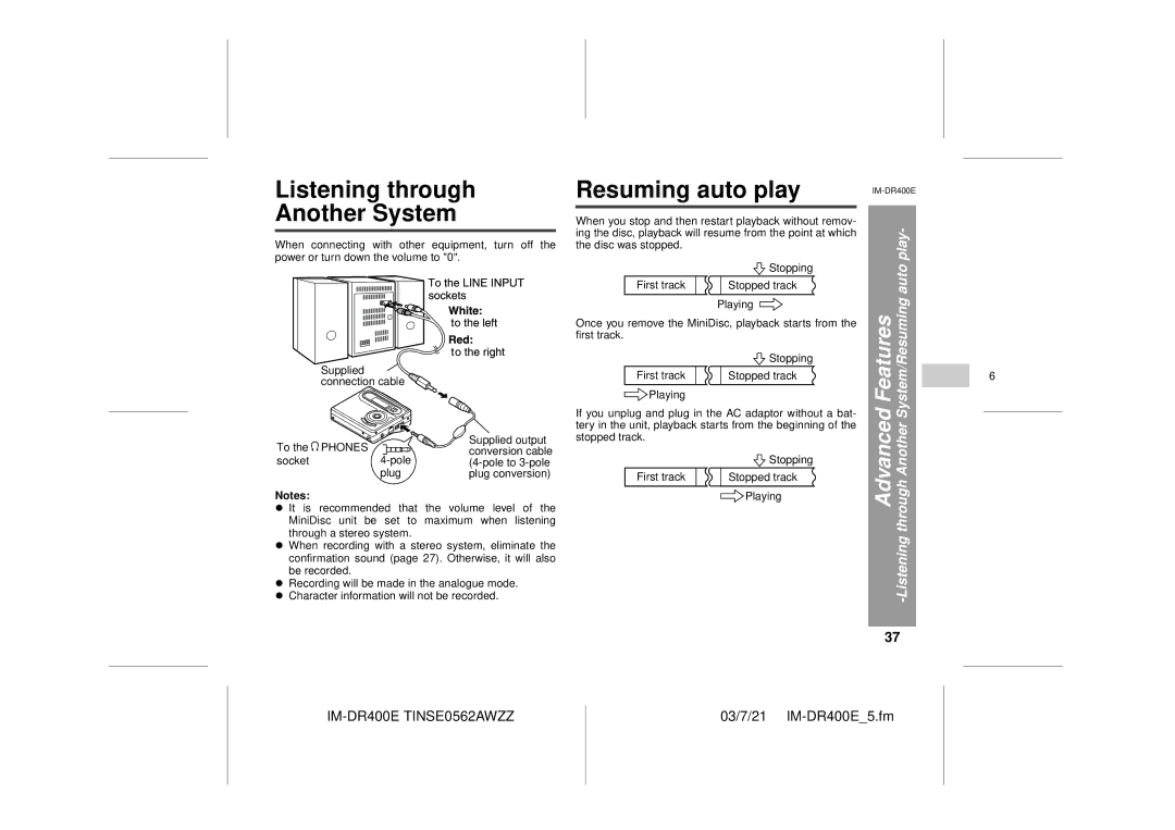 Sharp IM-DR400E operation manual Listening through Another System, Resuming auto play 