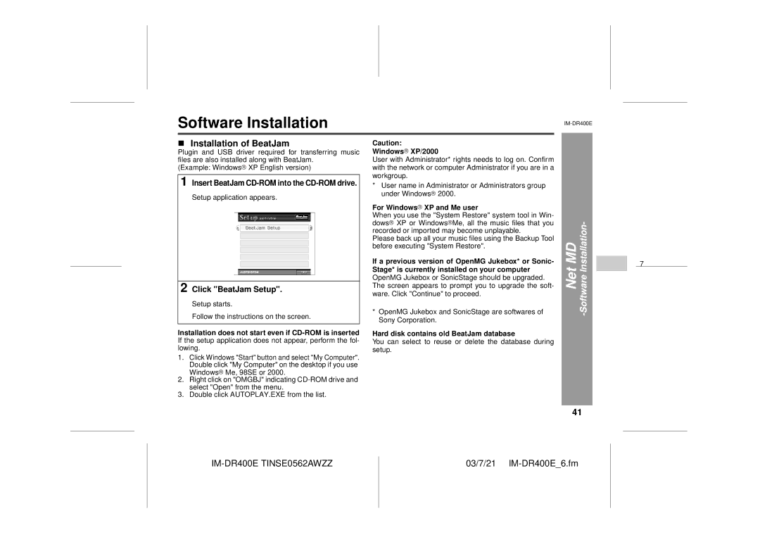 Sharp IM-DR400E operation manual Installation of BeatJam, Net MD -Software Installation, Click BeatJam Setup 