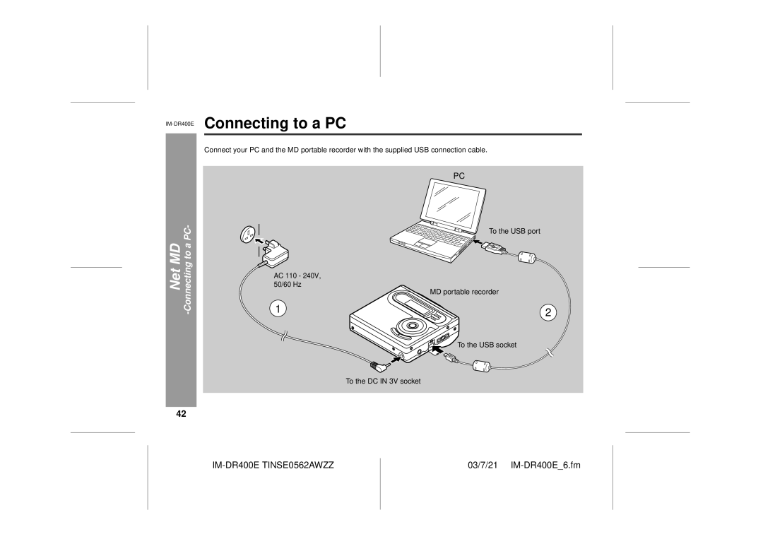 Sharp operation manual IM-DR400EConnecting to a PC, Net MD -Connecting to a PC 