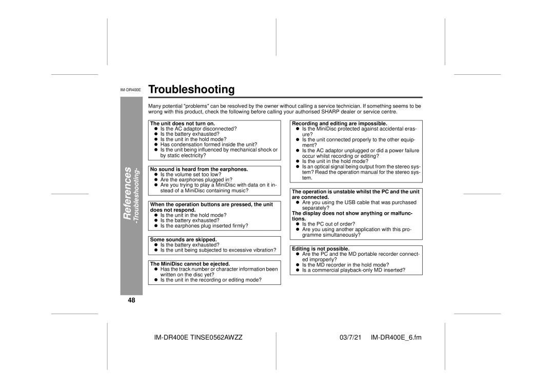 Sharp IM-DR400E operation manual Troubleshooting 